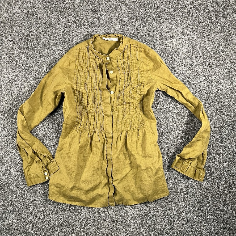 Calvin Klein Womens XS Linen Blouse Mustard Pintuck Long Sleeve Button Up